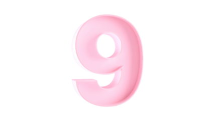 A 3D render of the number nine, colored pastel pink, against a stark black background. It has a glossy appearance, highlighted with white edges