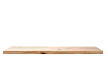 Close-up of a light-colored wooden shelf isolated against a stark black background. The shelf's edge is in focus