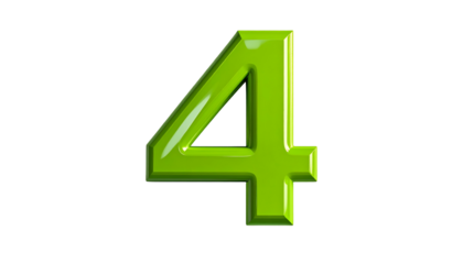 A 3D render of the number four is presented in a bright, glossy green against a black backdrop, highlighting its form