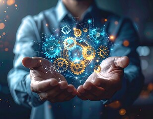 Glowing gears within a sphere are held in two open hands