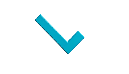 A 3D rendered, cyan-colored check mark with beveled edges against a stark black background. It appears to float, creating a sense of isolation