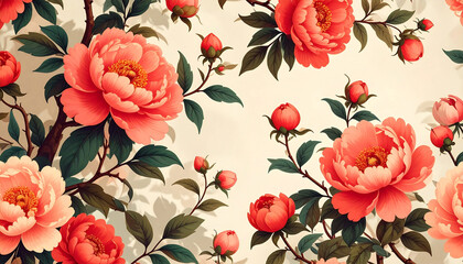 Decorative floral pattern with large blooming peonies in warm coral and red hues. Dark branches and green leaves create a rich textile design. Elegant botanical art for backgrounds