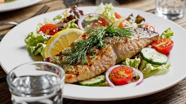 Close up of a prepared meal on a white plate with fresh vegetables and lemon