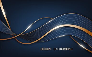 Luxury background with blue wave ribbons and golden lines. Vector Illustration