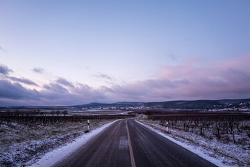 countryside road through vineyards in winter