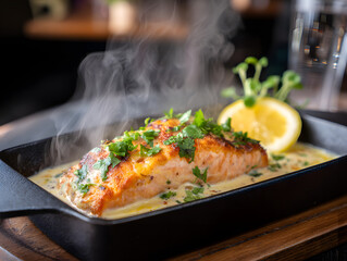 Grilled salmon steak with vegetables in iron pan.