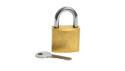 A close-up shot of a golden-colored padlock and a key placed near it, set against a solid black background