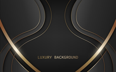 Luxurious abstract background with curves and layered shapes in black, elegant metallic gold lines.