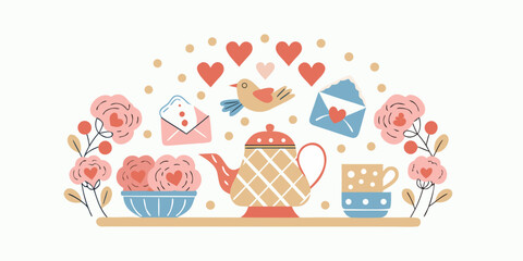 A charming illustration of a love themed tea set with hearts and a bird