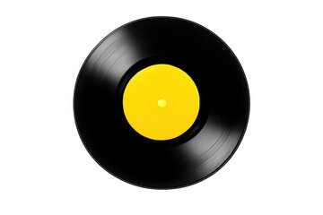 Black vinyl record with a vibrant yellow label, presenting classic analog music. Transparent background
