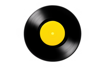 Black vinyl record with a vibrant yellow label, presenting classic analog music. Transparent background