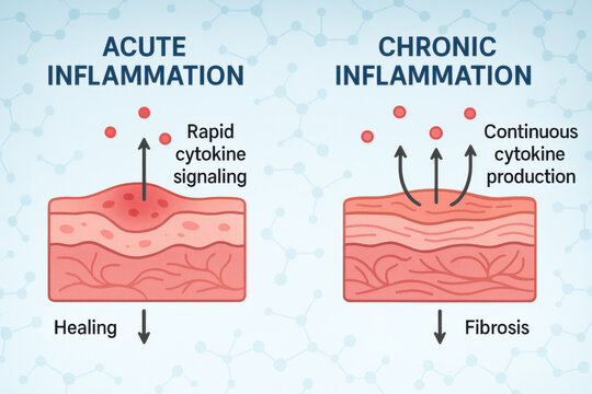 Medical diagram comparison of acute versus chronic inflammation. Acute inflammation shows rapid cytokine signaling leading to healing, while chronic leads to fibrosis