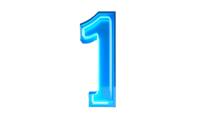 A vibrant, illuminated number one is presented against a black backdrop. The numeral has a bright blue neon-like glow with subtle reflections
