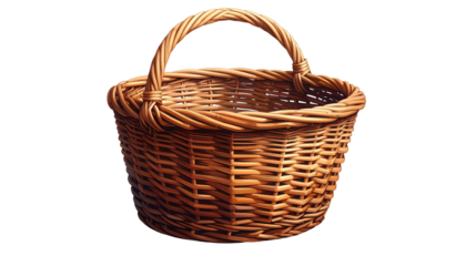 A close-up view of an empty wicker basket with a rounded, woven design and a sturdy handle, isolated on a transparent background