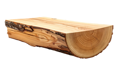 A close-up view presents a cross-section of a wooden log, showcasing the tree rings and the natural texture of the wood grain