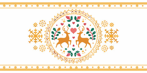 Festive reindeer and floral wreath design with decorative snowflakes and orange border © Rathin