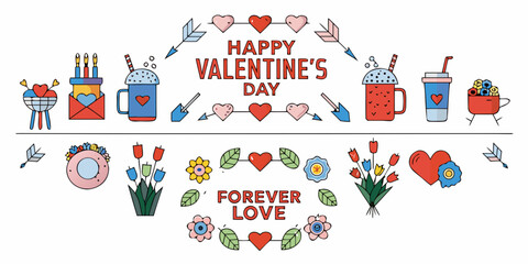 Valentine s day themed illustration with hearts drinks flowers and love messages