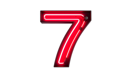 A vibrant, glowing red neon number seven, with a black background, showcasing a modern, illuminated aesthetic