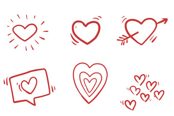 Set of Hand Drawn Red Hearts with Thin Freehand Lines