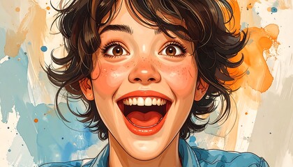 Joyful illustration of a wide-eyed woman smiling broadly. Short curly brown hair, freckles, rosy cheeks, and bright red lips are featured. Watercolor backdrop