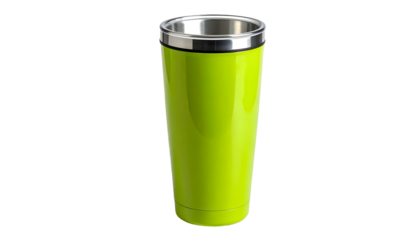 A tall, cylindrical, stainless-steel-lined tumbler is presented on a black background. The tumbler has a bright green finish with a silver rim