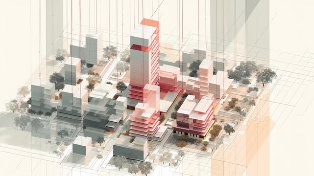 A cityscape with buildings and trees is shown in a drawing. Macro shot mixed use urban development program diagram abstract, subtle graphic on physical massing, mixed use urban project