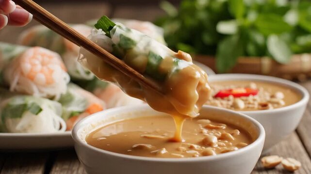 Close up of spring rolls and peanut sauce with chopsticks