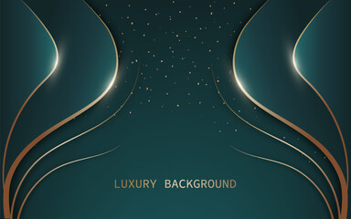 Luxurious abstract background with curves and layered shapes in green, glitter effect, metallic gold lines.
