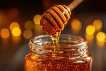 Close-up of honey drizzle from dipper to container