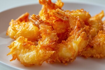 Plate of crispy battered shrimp in warm light