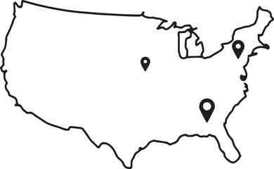 United States Map with Location Pins Showing Key Cities Across the Nation