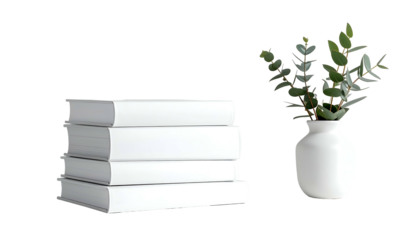 A stark composition featuring a stack of white books beside a minimalist, white vase adorned with fresh, green foliage, set against a black backdrop