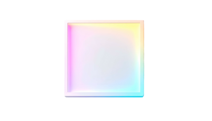 A square object with a soft, iridescent glow and a subtle recessed center against a stark, black background