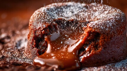 Hot chocolate lava cake with dripping sauce close up