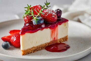 Creamy cheesecake slice topped with strawberry sauce