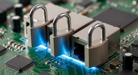Three metal padlocks secure multiple network ports on a glowing circuit board