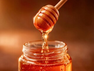 Liquid honey swirl captured mid-drip into jar