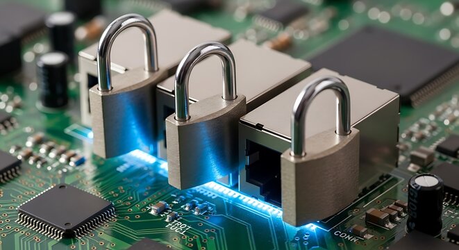 Three metal padlocks secure multiple network ports on a glowing circuit board - Powered by Adobe