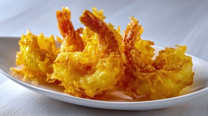 Golden battered shrimp pile on ceramic plate