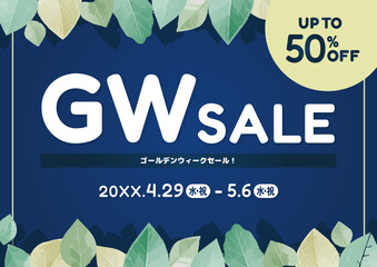 Elegant Navy and Gold GW Sale Banner with Leaf Frame, Premium Golden Week Event