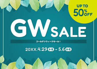 Fresh Green GW Sale Banner with Leaf Frame, Golden Week Promotion