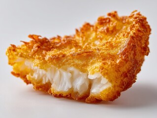Golden brown battered fish fillet macro on light background