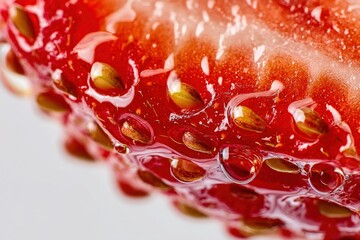 Fresh strawberry slice with water droplets close up
