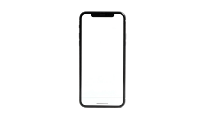 A modern smartphone with a blank white screen, perfectly centered on a stark black background