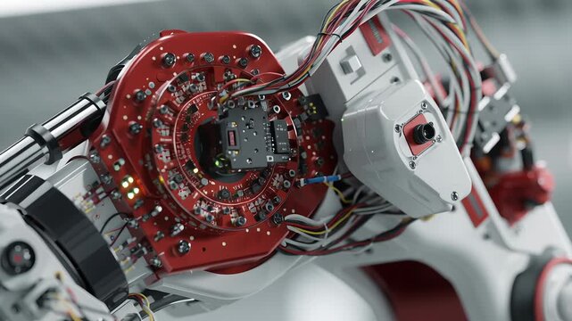 A robot with a red and white body and a red and white head. Macro shot modular robotic arm segment that can be reconfigured, education engineering close detail, robotic education kit