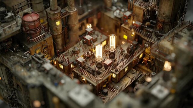 A futuristic cityscape with a lot of buildings and lights. The buildings are tall. Macro shot new cultural micro node inserted into old industrial volume miniature model, city revitalization