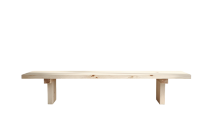A simple wooden bench, likely for outdoor use, against a stark black background, emphasizing its design