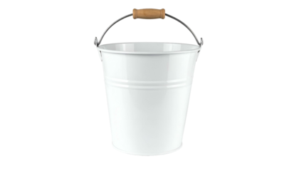 A pristine white bucket, showcasing a simple, cylindrical design with a sturdy metal handle and a wooden grip. It stands out against a stark black background