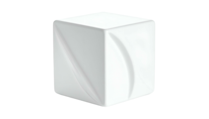A pristine white geometric cube, showcasing subtle curved indentations on its surfaces, set against a stark black background