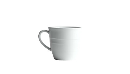 A simple, isolated white ceramic mug with a handle, set against a solid black background. The mug's shape is slightly tapered